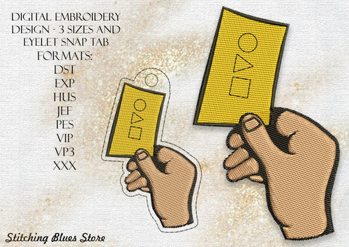 TIcket In Hand Embroidery Design In 3 Sizes Plus Snap Tab Eyelet