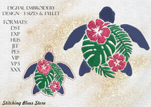 Load image into Gallery viewer, Tropical Turtle Machine Embroidery Design In 3 Sizes Includes Snap Tab Eyelet