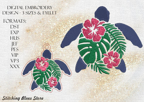 Tropical Turtle Machine Embroidery Design In 3 Sizes Includes Snap Tab Eyelet