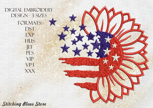 USA Flag Flower Machine Embroidery Design -The 4th Of July