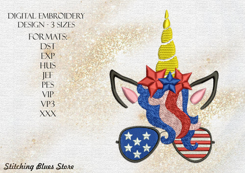 Unicorn In USA Flag Colors machine embroidery design - The 4th Of July embroidery pattern