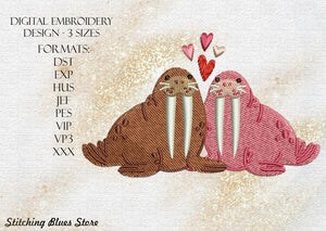Walruses In Love machine embroidery design for Valentine's Day