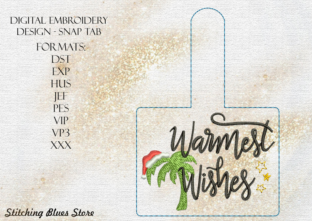 Christmas Warmest Wishes Snap Tab Machine Embroidery Design With Palm Tree