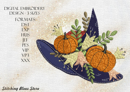 Halloween Witch Hat With Pumpkins And Autumn Leaves Machine Embroidery Design