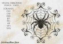 Load image into Gallery viewer, Midnight Lace Spider embroidered on a black tote bag, featuring an ornate symmetrical spider web with elegant Victorian Gothic details, perfect for dark academia and Halloween style.
