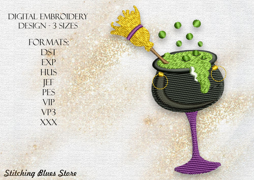 Witch's Cauldron Halloween Cocktail Stand Alone Machine Embroidery Design In 3 Sizes