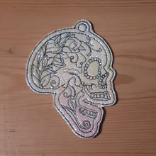 Load image into Gallery viewer, Floral Skull Eyelet Snap Tab machine embroidery design