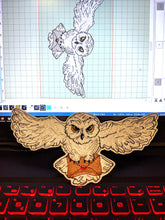 Load image into Gallery viewer, White post owl with letter machine embroidery design is made as a patch