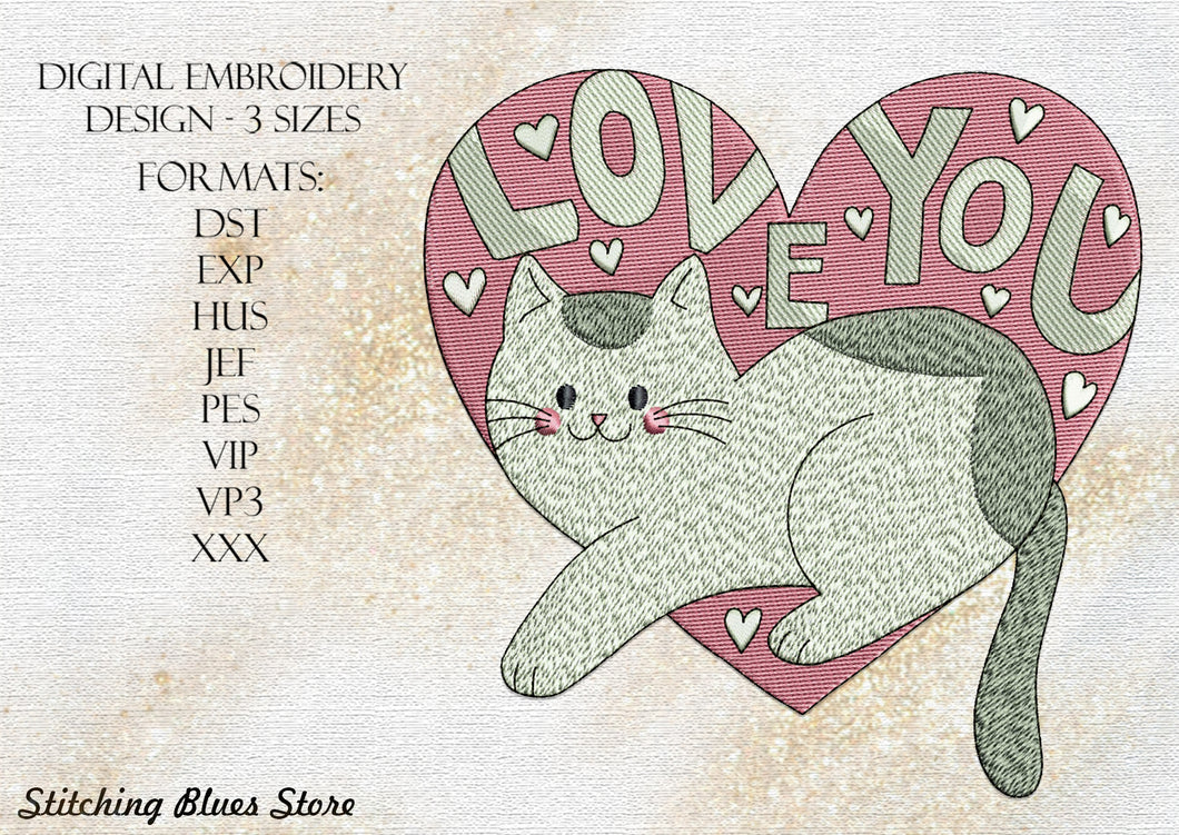Cat&Heart machine embroidery design - Love You