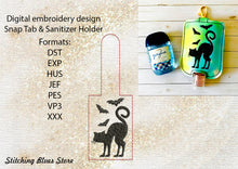Load image into Gallery viewer, Cat &amp; Bats Halloween Snap Tab &amp; Sanitizer Holder machine embroidery design