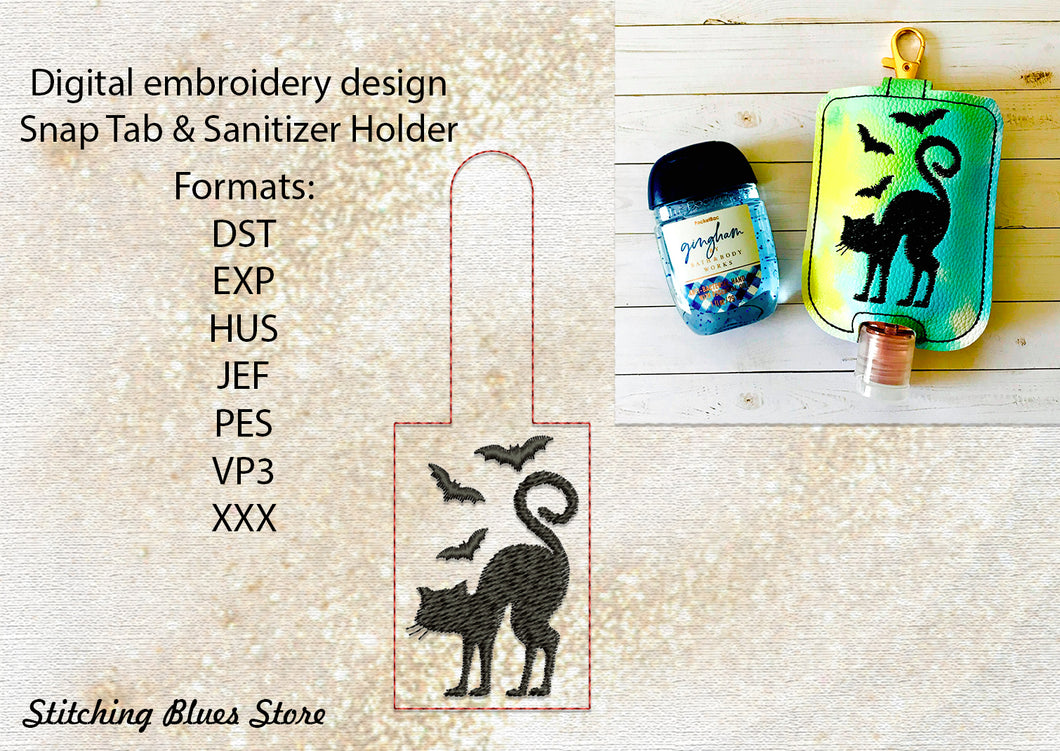 Cat & Bats Halloween Snap Tab & Sanitizer Holder machine embroidery design