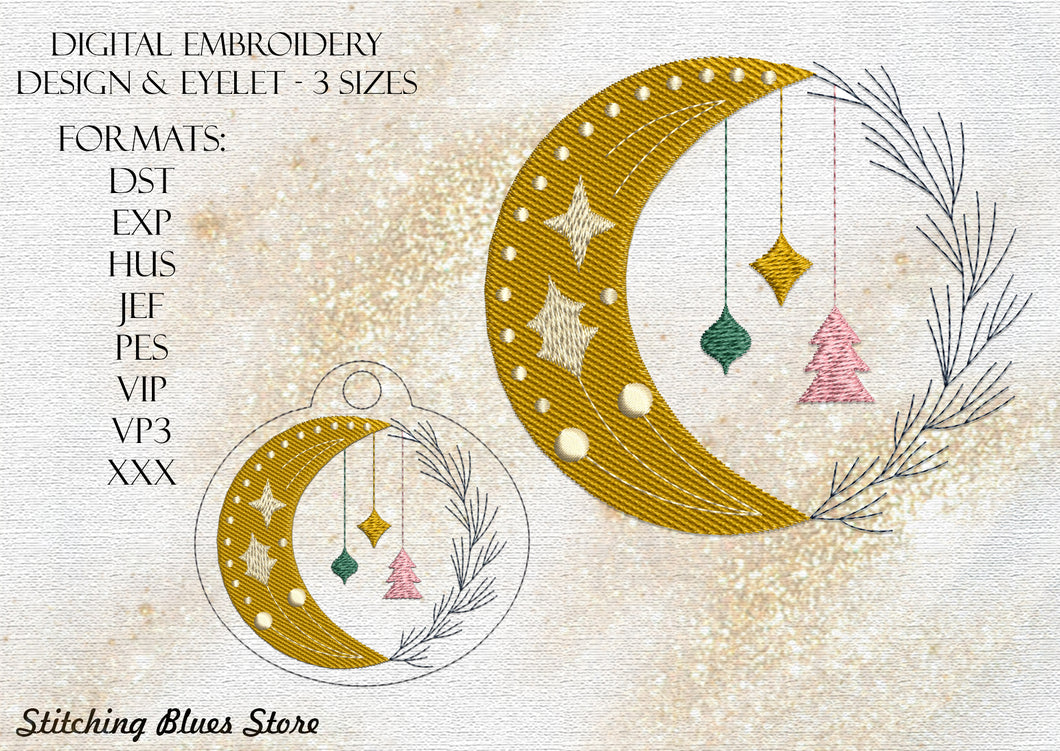 Christmas Moon machine embroidery design + Snap Tab Eyelet