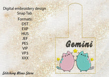 Load image into Gallery viewer, Gemini Zodiacs Snap Tab machine embroidery design
