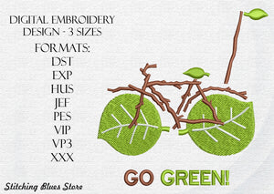 Go green - eco bicycle embroidery design