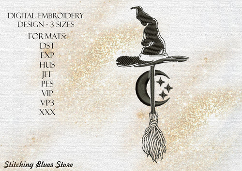 Hat & Moon & Broomstick machine embroidery design - Halloween