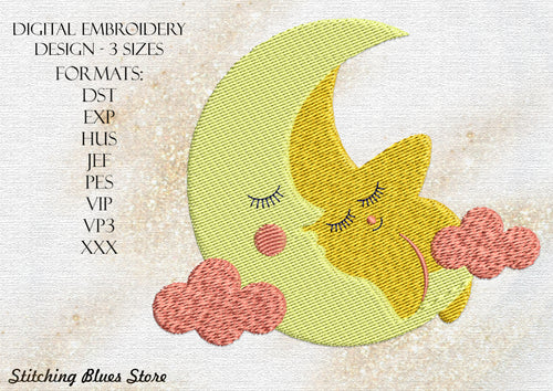 Sleepy Moon & Star machine embroidery design