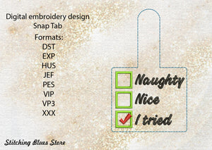 Check Santas Naughty or Nice List Snap Tab machine embroidery design