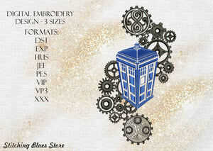 Blue Police Box machine embroidery design
