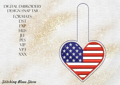 USA Heart Snap Tab machine embroidery design - American flag