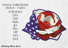Load image into Gallery viewer, American flag rose machine embroidery design for Veterans Day, Military Veterans