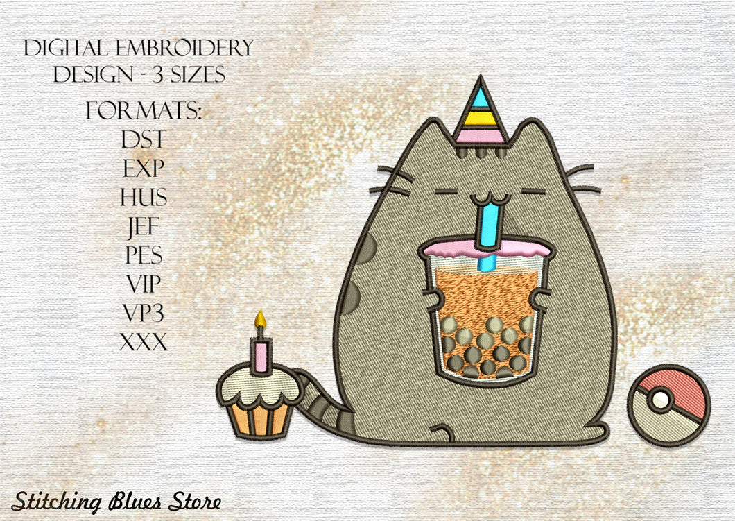 Birthday Cat with Bubble Tea machine embroidery design