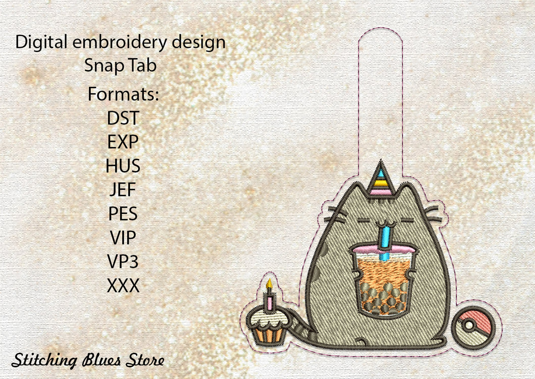 Birthday Cat with Bubble Tea Snap Tab machine embroidery design