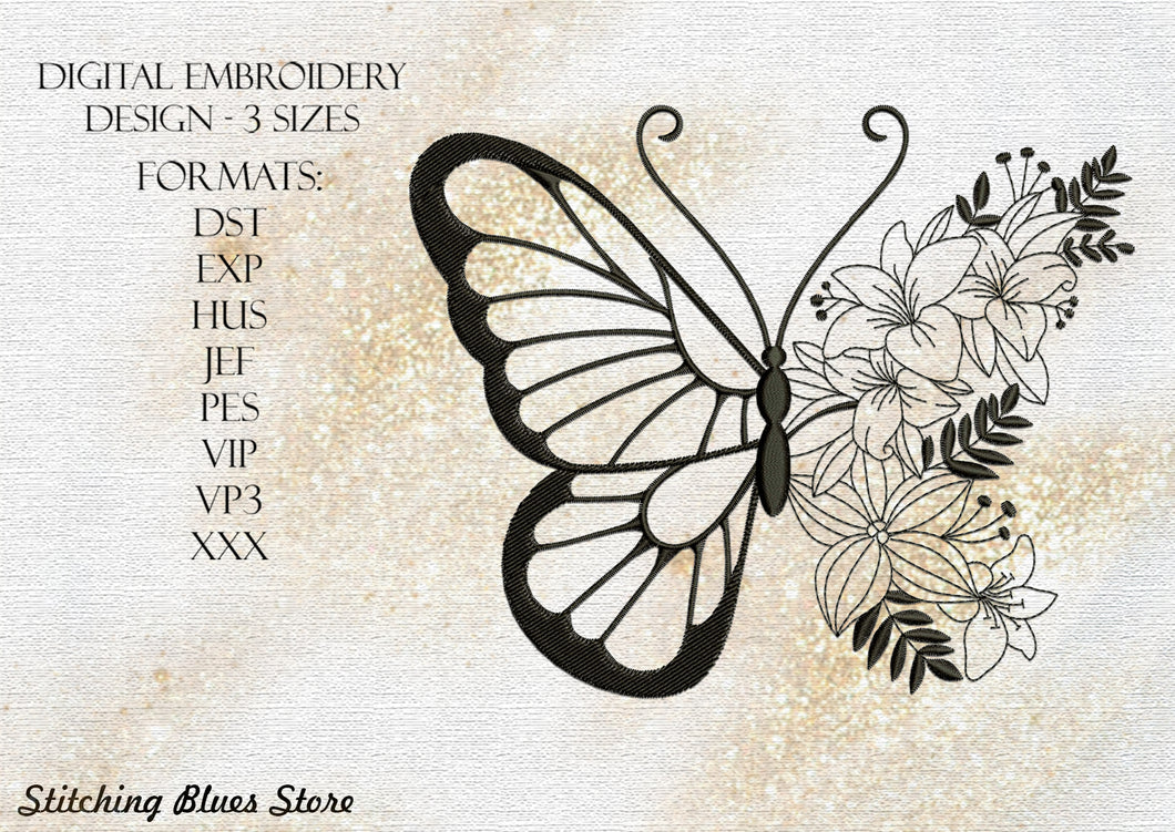 Butterfly & Flowers machine embroidery design