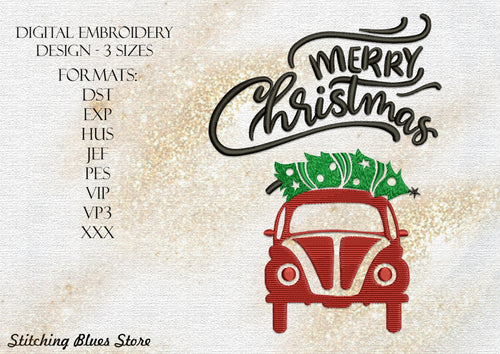 Car With Christmas Tree - machine embroidery design - Merry Christmas