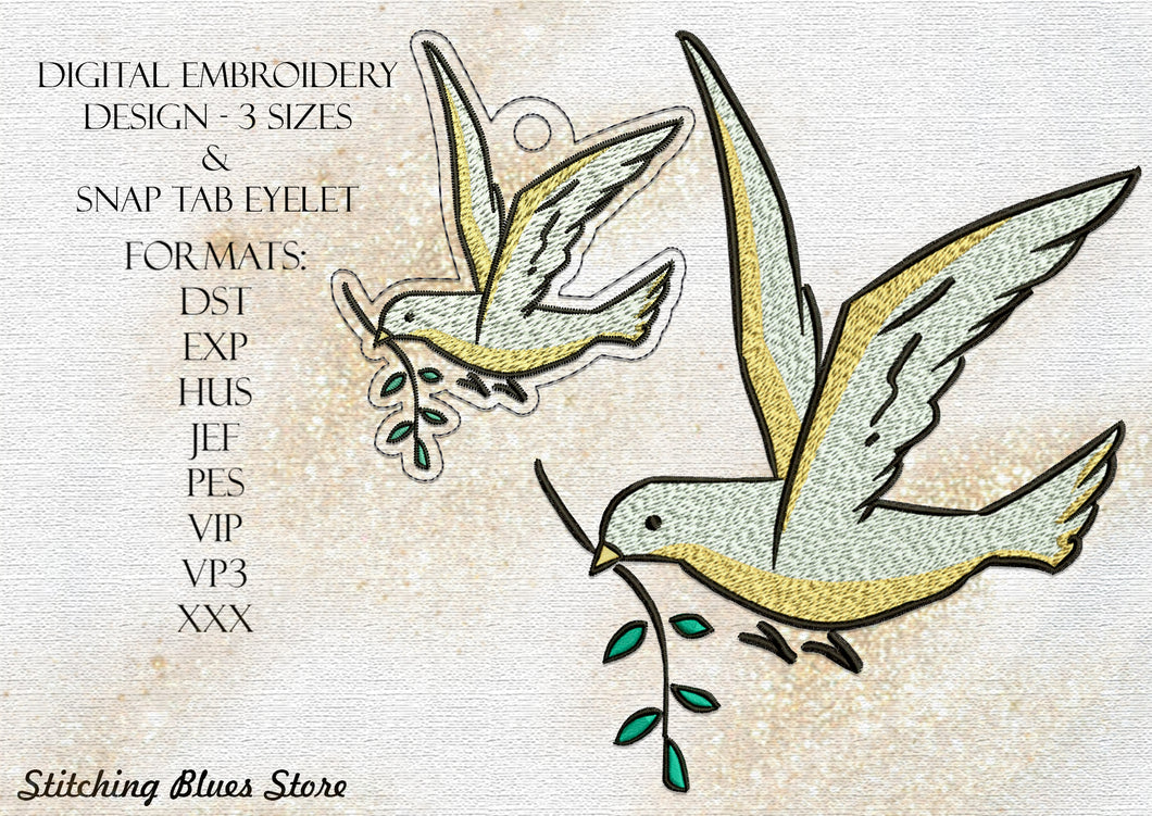 Dove Of Peace machine embroidery design + Snap Tab Eyelet