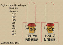 Load image into Gallery viewer, Espresso Snap Tab machine embroidery design - cup of coffee