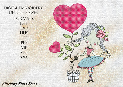 Girl with flowers and hearts machine embroidery design