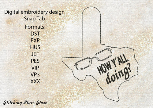 Snap Tab in the shape of Texas state with glasses and inscription How Y'all doing machine embroidery design - Dr. Now - My 600-Lb Life