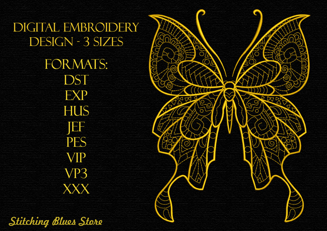 Golden butterfly machine embroidery design