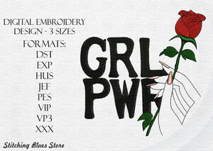 Girl Power machine embroidery design - hand with rose