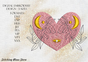 Heart & Leaves & Moon - Valentines Day - machine embroidery design