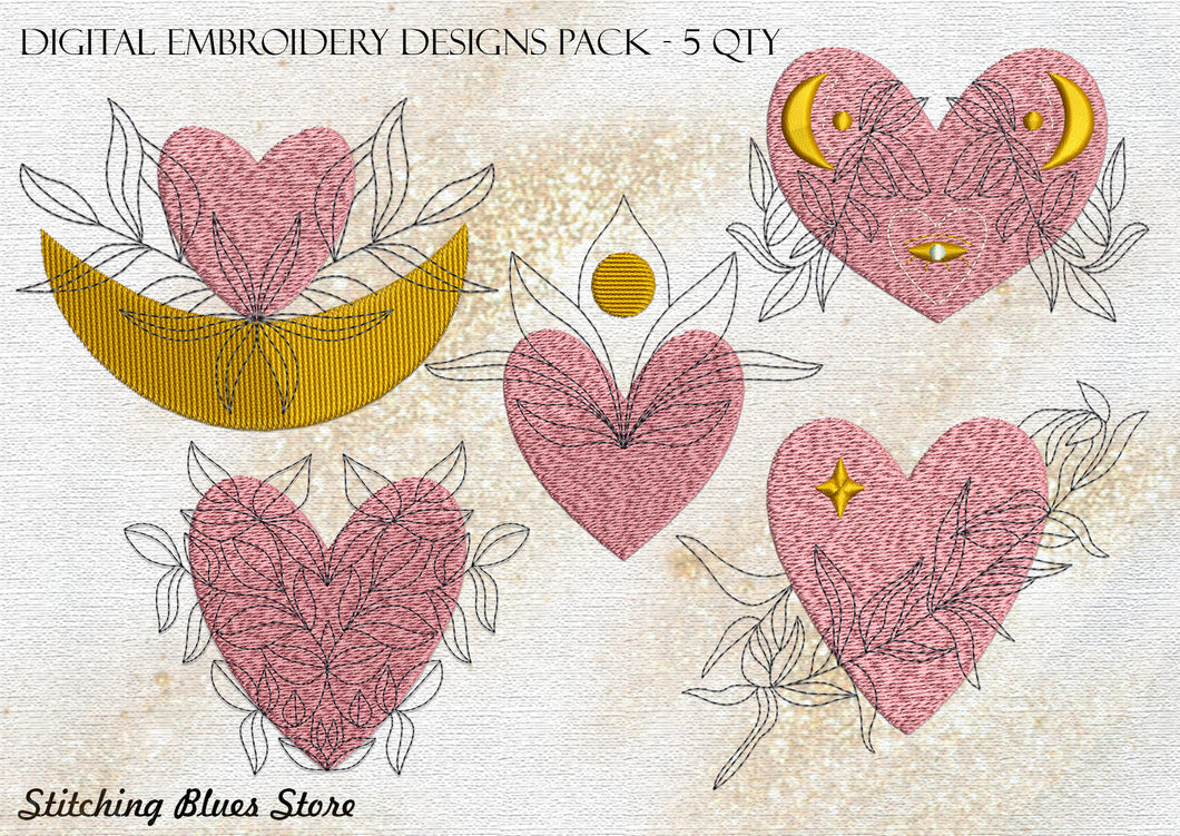 Set of the 5 Hearts & Plants machine embroidery designs