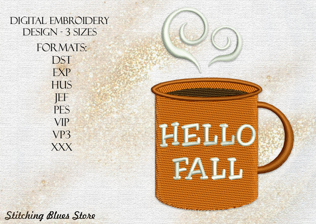 Cup of coffee machine embroidery design - Hello Fall