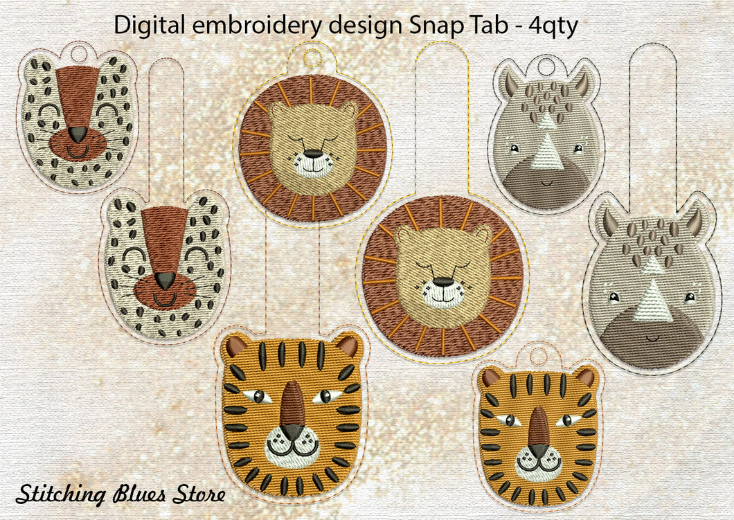 Set of the 4 Snap Tab & Eyelet Safari Animals machine embroidery designs