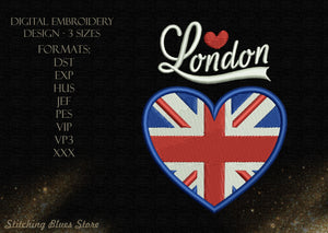 London With UK Flag machine embroidery design - heart