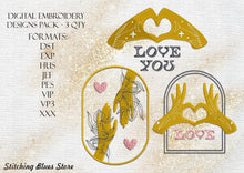 Load image into Gallery viewer, Set of the 3 Hearts &amp; Hands machine embroidery designs - Valentines day