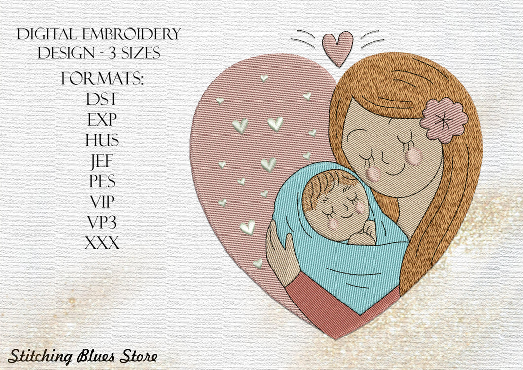 Mother And Baby In Heart Shape machine embroidery design