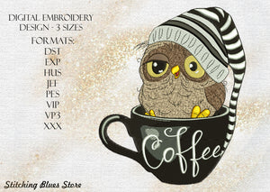 Sleepy Owl With Cup Of Coffee machine embroidery design