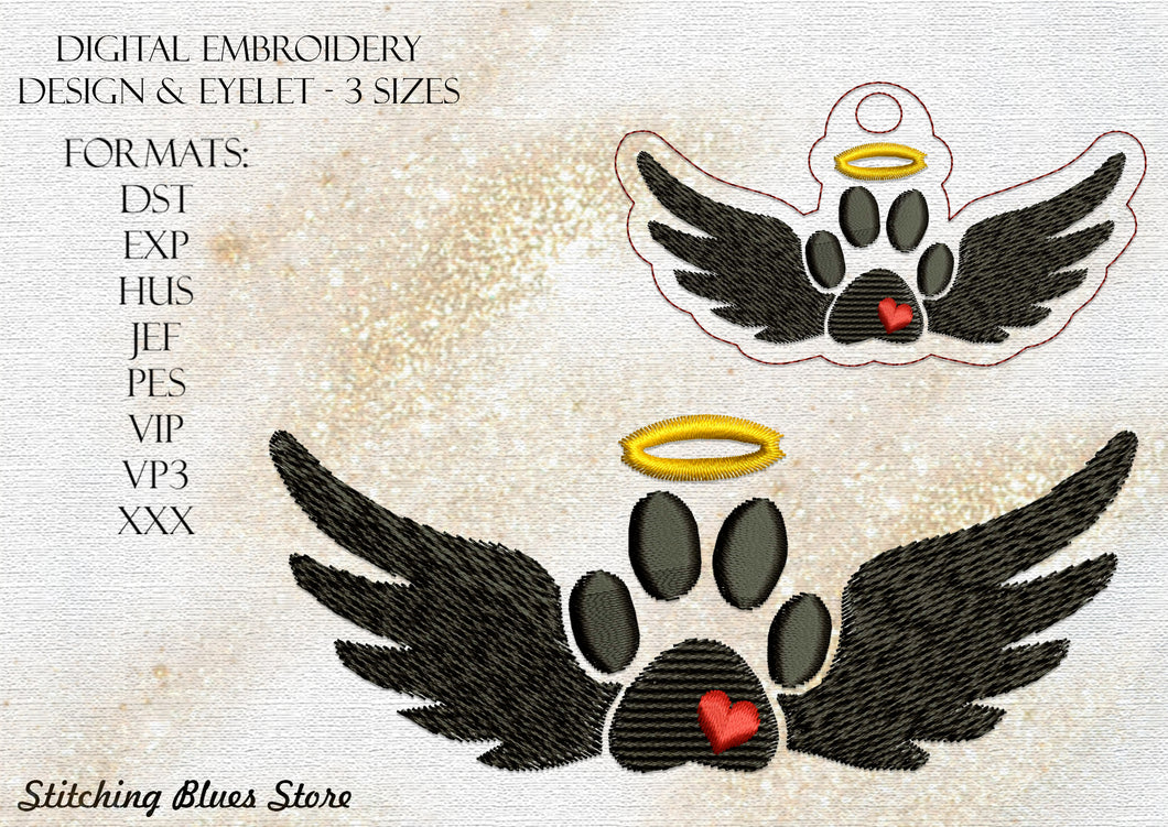 Paw Print With Wings machine embroidery design + Snap Tab Eyelet