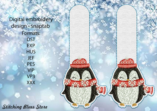 Cute penguin Snap Tab machine embroidery design