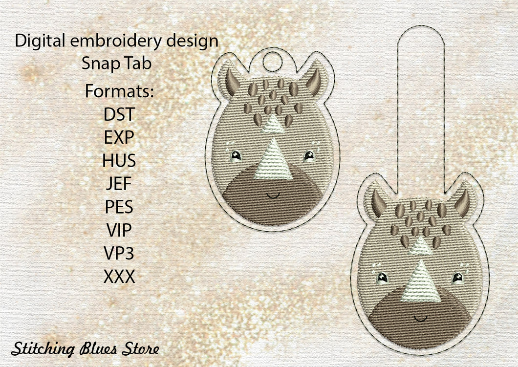 Rhinoceros head Snap Tab & Eyelet machine embroidery design