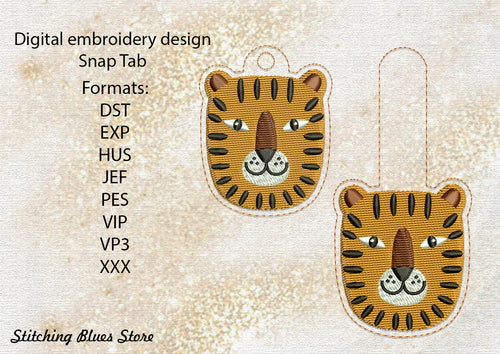 Tiger head Snap Tab & Eyelet machine embroidery design