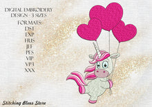 Load image into Gallery viewer, Unicorn with hearts machine embroidery design