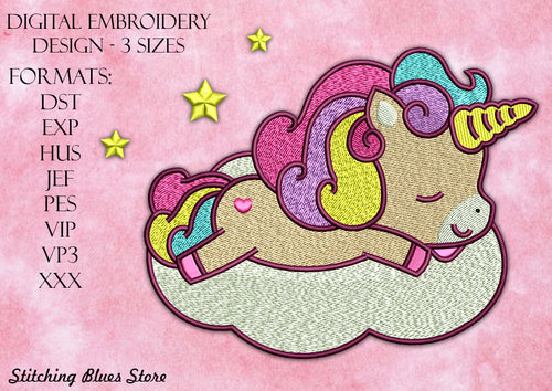 Unicorn on cloud machine embroidery design