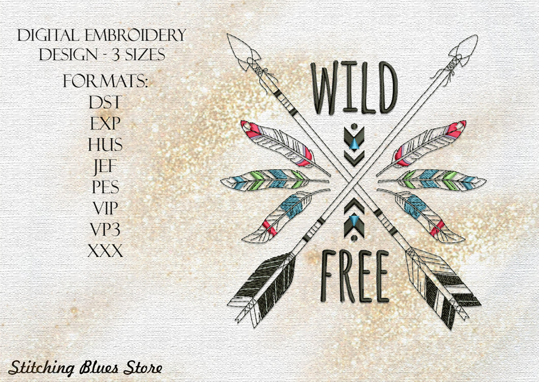Wild And Free machine embroidery design - boho feathers and arrows