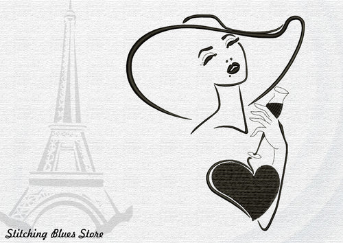Woman with wineglass machine embroidery design